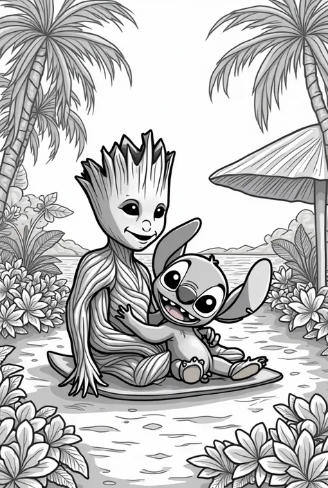 Dessin a colorier groot et stitch en vacance