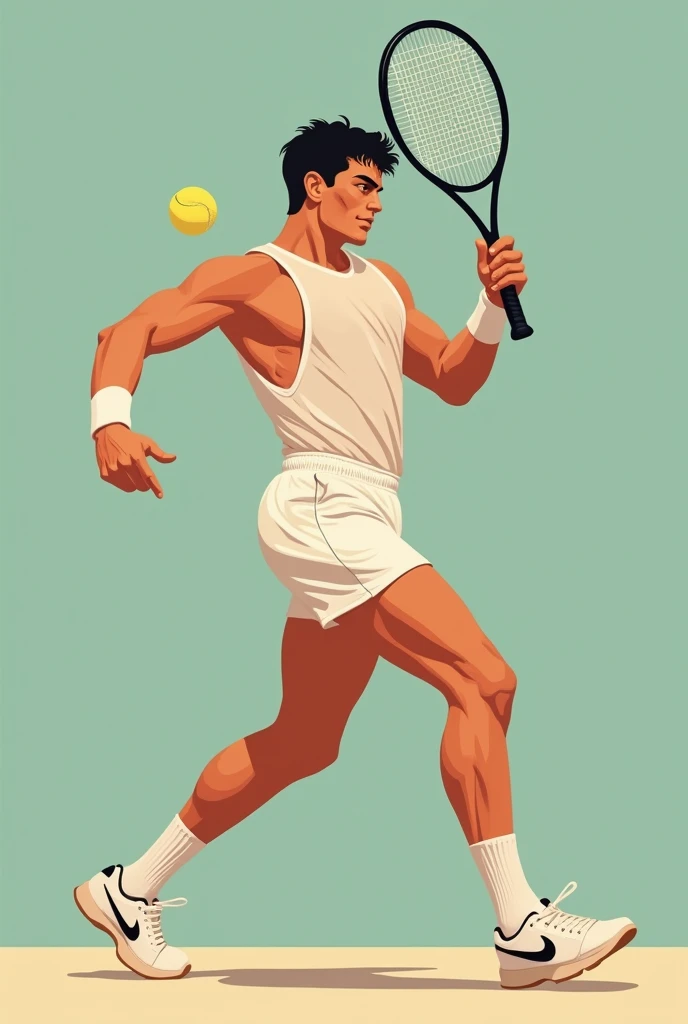 super smooth romanticism art style of gorgeous hunk playing tennis, tennis outfit, action pose, proportional perfect body shape, balance, art by Audrey Kawasaki and Joan Cornella, centered, golden ratio, 3/4 shoot, masculine