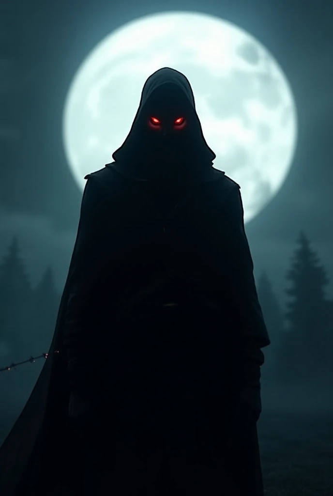 Dark shadow front of the white moon he have full red eyes and he looks like a ancient assassin