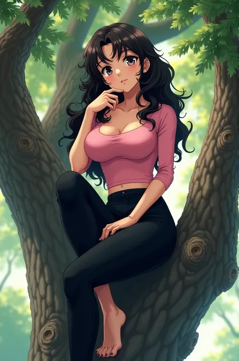 Create a realistic anime image Create a realistic image 1 girl are sitting in tree down, curly hair, Big beautiful figure, pink top-black pant,very hot girl, hand touch in chin,