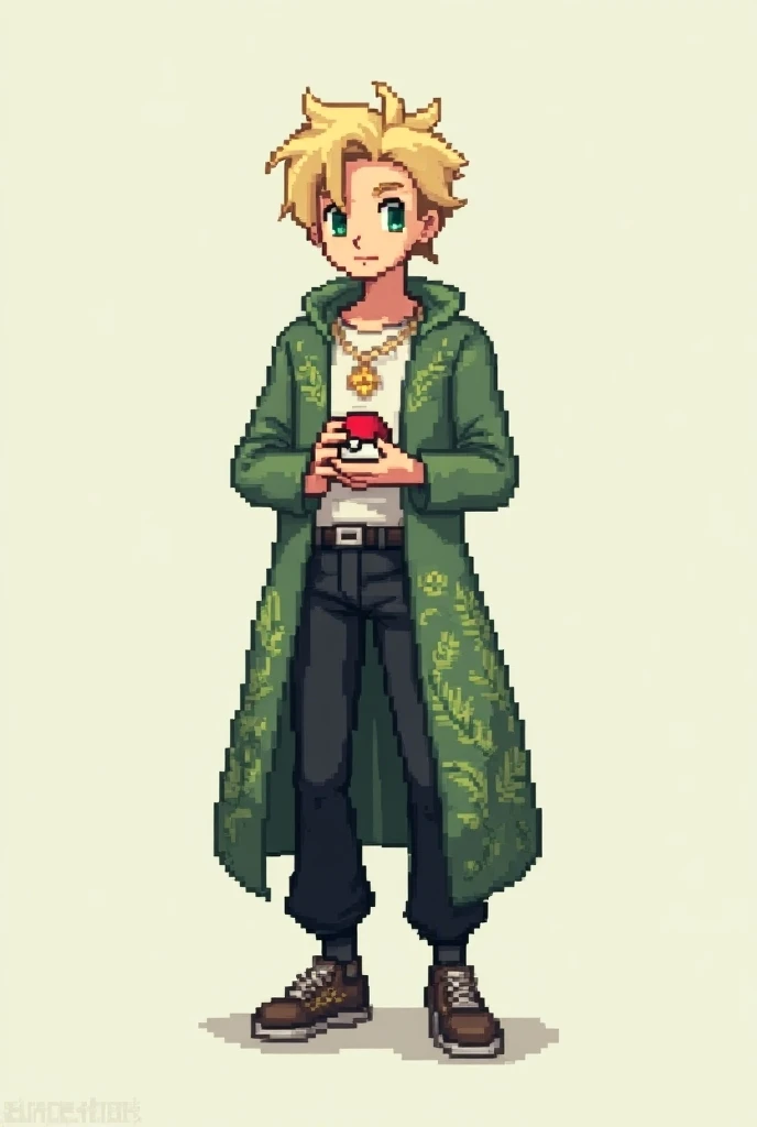 Make a full-body pixel art of a green-eyed blond boy
He is a 25-year-old young adult 
Shes wearing black pants with a long green coat with plants drawn on it and shes wearing a gold necklace with a flower-shaped pendant
Hes holding a Pokébola