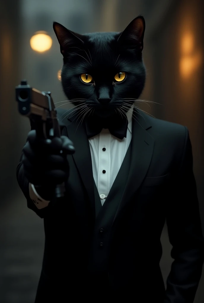 8k image , black cat, in a tuxedo,  with black gun, cool gangsta glasses 