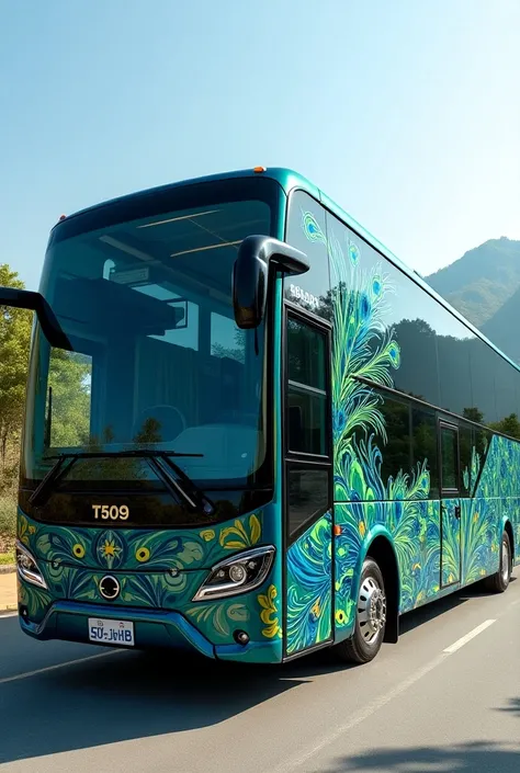 create a vip ac toursit bus in blue and green color texture peacock design pictures drawn in its outer body all angle side video