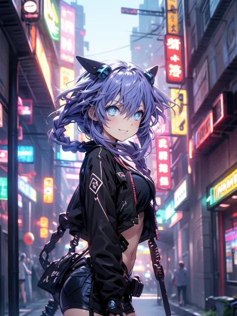 Masterpiece picture quality，Rainbow，Urban girl，ssmile，number art，style of anime，Retro anime girl，Punk girl，in an anime style，dual horsetail，Trendy，neonlight，depth of fields, Primer plano, Profundidad de campo, mirada penetrante 