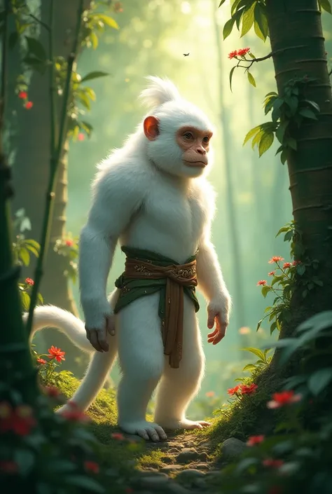 Wukong the white monkey king from Chinese mythology in an oriental forest at a moment of reflection 