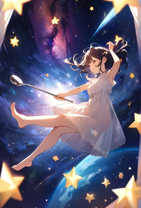  high detail,   Super Detailed ,  ultra high resolution, A girl having a good time in a dream galaxy, Surrounded by stars, The warm light that shines on her,  The background is a starry sky with colorful galaxies and galaxy clouds, The flying stars surroun...