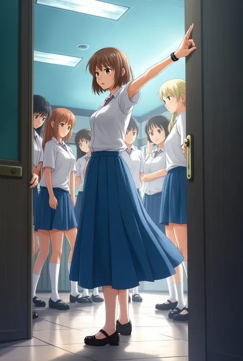 Anime students pay attention to their colleague who is standing at the side classroom door at the corner wearing a long blue skirt, talking anxiously and looking at them and pointing her hand to the left