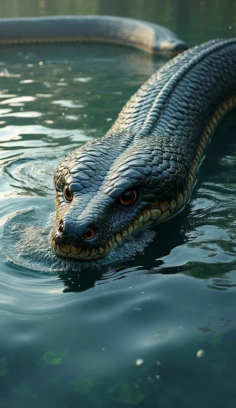 (a giant anaconda emerging from the water,hyperrealistic,photorealistic,highly detailed,extremely realistic,8k,ultra-detailed,vivid colors,realistic water,dramatic lighting,reflections on the water,scales with intricate patterns,anaconda with piercing eyes...