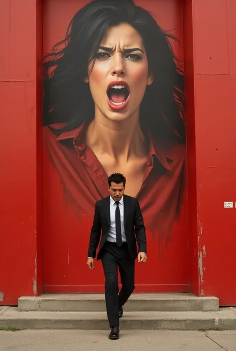 (photorealism:1.2),A picture of a man in black clothes and a blue tie walking with an angry expression arguing with the air. He is walking in front of a very very large wall that makes the man look very small. The wall is covered in red paint and has a lar...