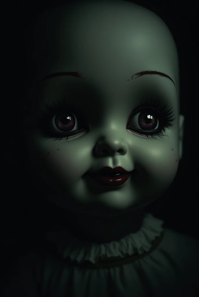 **Doll Speaking**: "A close-up of the creepy doll with its lips slightly parted, as if whispering. The doll’s glass eyes are gleaming in the dim light, and a sinister expression is on its face. The background is shadowy, enhancing the eerie feeling."
