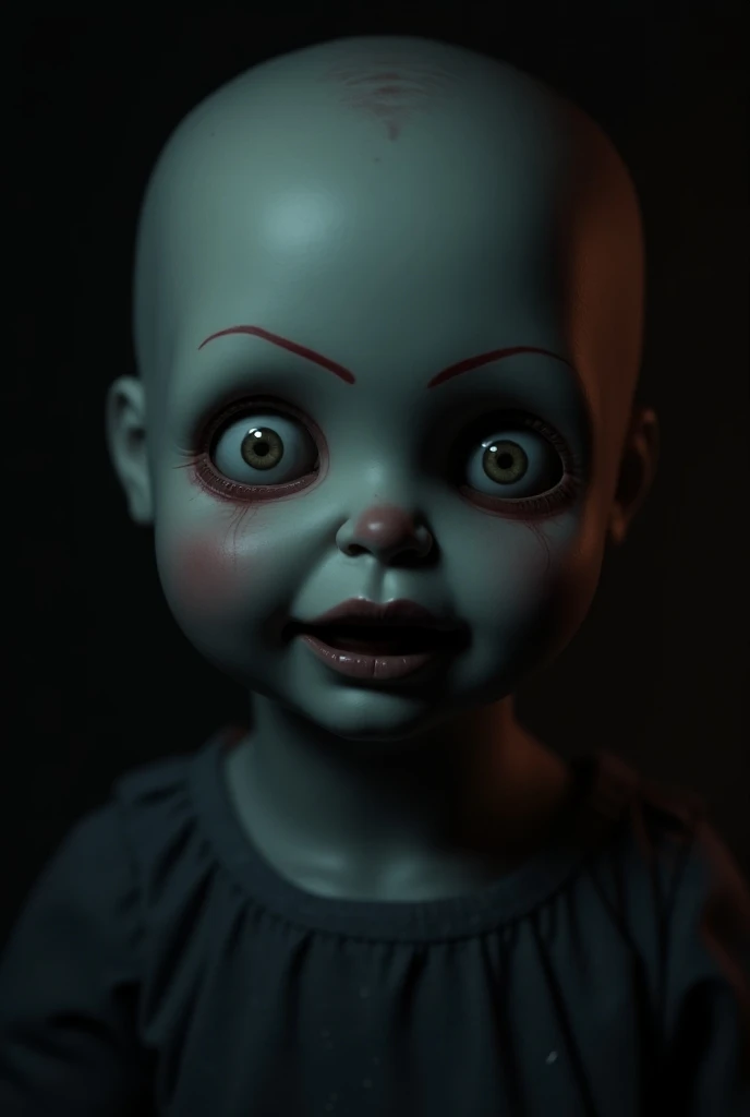 **Doll Speaking**: "A close-up of the creepy doll with its lips slightly parted, as if whispering. The doll’s glass eyes are gleaming in the dim light, and a sinister expression is on its face. The background is shadowy, enhancing the eerie feeling."
