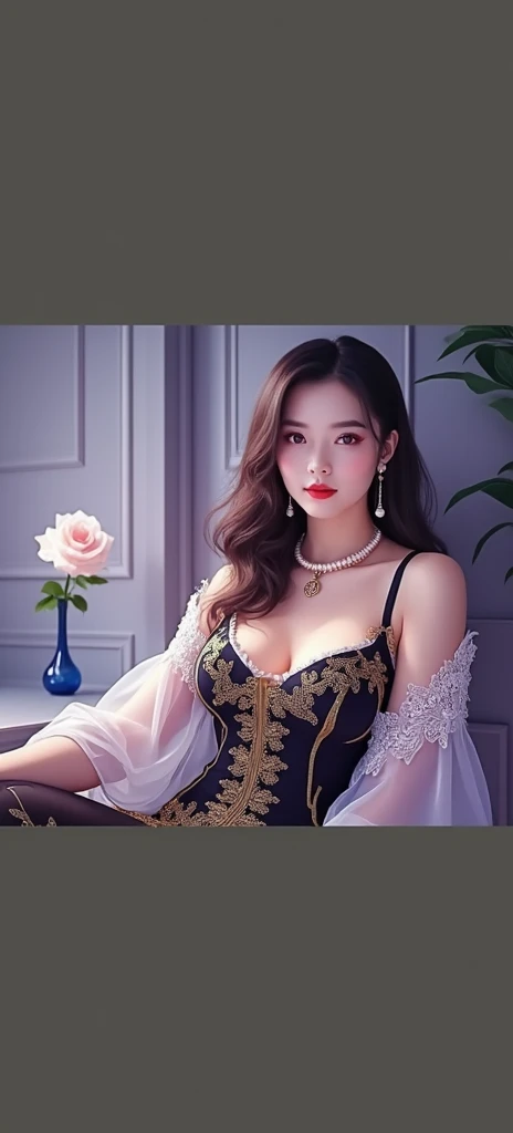 Classy mature young woman is wearing pink Lolita clothes。 full body、Asian、The skin is relatively white、Lavish clothing、Silky transparent lace on the clothes、Gold wire trim、Jewelry decoration、 has a pearl necklace hanging over her neck。