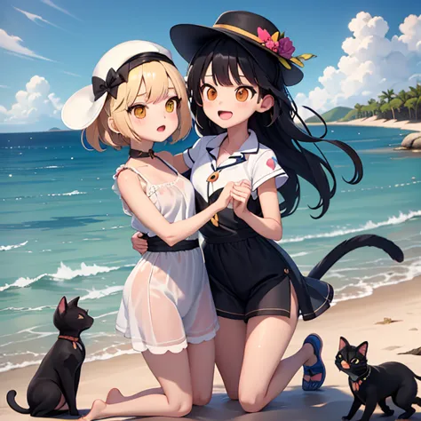 2girl , 1 calico cat, 1 black cat, girl are dancing together with white hat in a beach, island on the background, there is so mu...