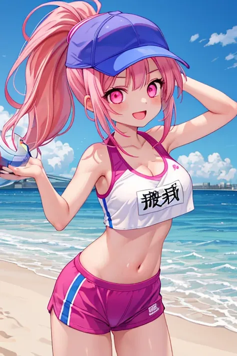 1girl, best quality, shiny skin, shiny clothes, beach volleyball uniform, bikini bottom, crop top, navel, midriff,  sleeveless, large breasts, cleavage, long hair, pink hair, ponytail, pink eyes, holding volleyball, standing, beach, smile, open mouth, cowb...