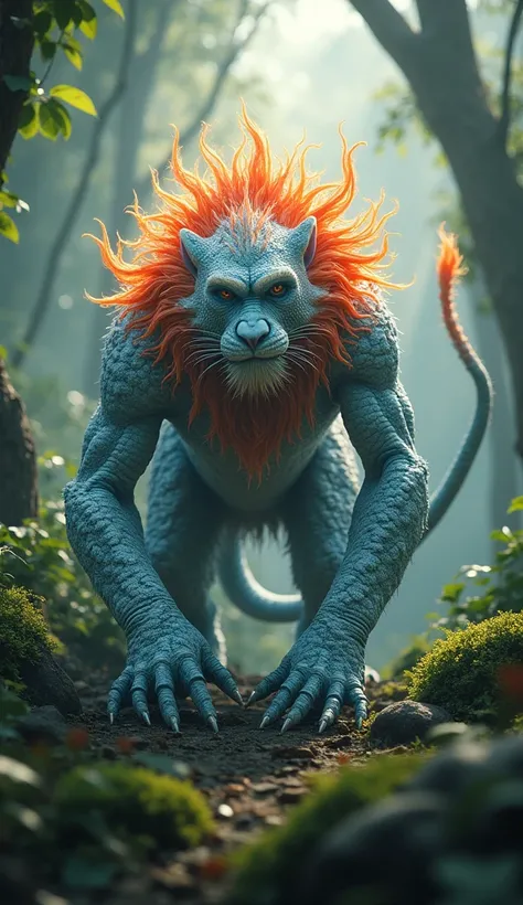  a realistic monstrous ice chameleon fused with a monkey and a fire lion in a forest