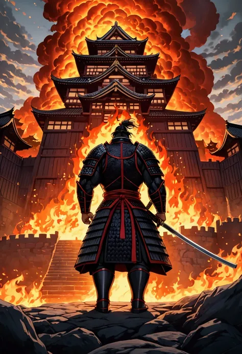 A big muscular man in samurai armor stands near a large castle with a fiery katana with holy eyes looking back