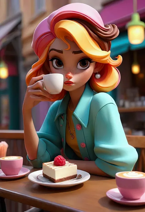 "Create an image depicting a scene where the main character is at a trendy café, taking photos in front of a colorful dessert. They are adjusting angles and lighting repeatedly, trying to capture the perfect shot while being aware of the surrounding eyes. ...