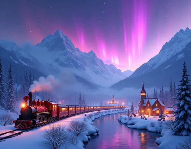 purple aurora over white snowy mountains, train, people, old church, village, santa claus train, snowy mountains, river, blizzard, fireworks in the world, starry sky, colorful stars twinkling, and there is a writing "merry christmas 2025" spelling is clear...