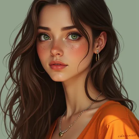 1girl, jewelry, solo, freckles, earrings, hat, necklace, green_eyes, looking_at_viewer, mole, long_hair, parted_lips, brown_hair, realistic, shirt, portrait, orange_shirt, lips, collarbone