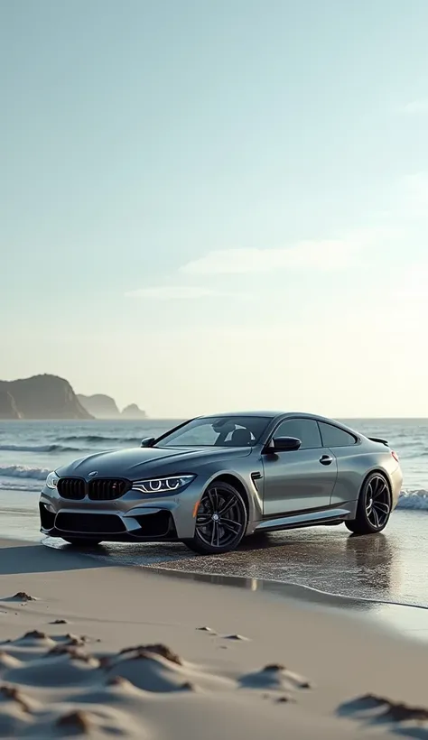  Silver BMW car and  black boat ,standing together on beach 