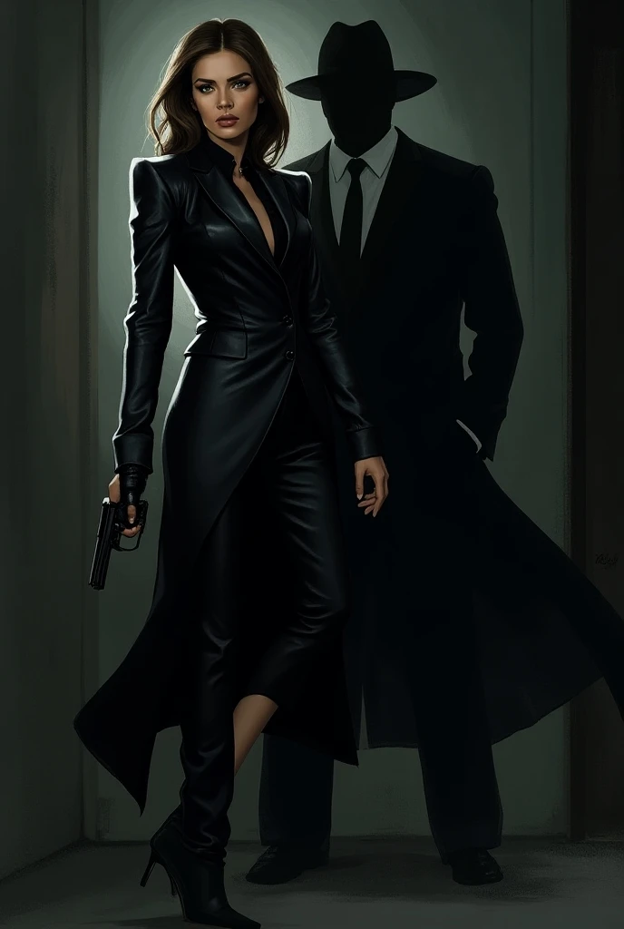  An action scene with a female spy holding a gun, in a readiness pose,  with a dark and mysterious environment in the background . Shes looking for something ,  and shes scared . she is beautiful.   And its in the corner of the illustration being the main ...