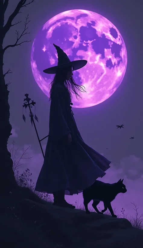 Shadow of a young and beautiful witch and a black cat、The background is a purple moon 