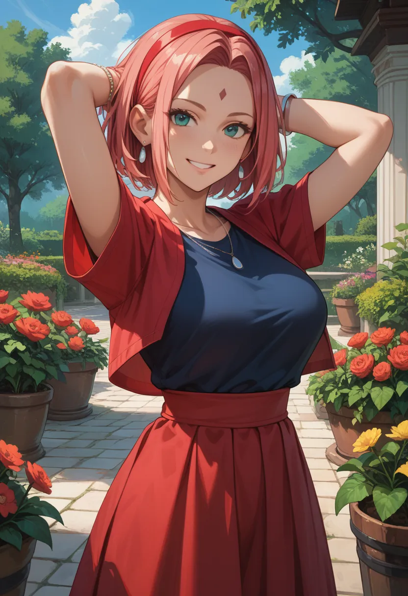 masterpiece, best quality,sharpness,absurdres ,1girl, haruno sakura,forehead mark, red hairband,, bracelet, looking at viewer, (...