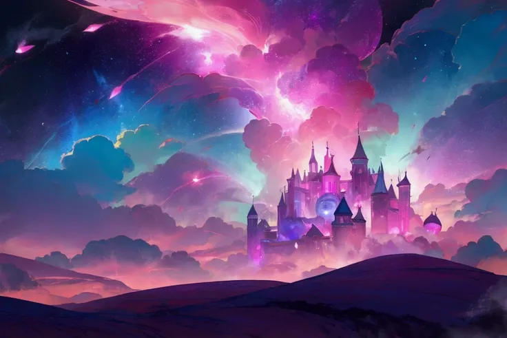 A vibrant and fantastical scene with an ethereal, colorful sky filled with clouds and glowing light effects. There are sparkling fuchsia crystals emerging from the ground, creating a magical and otherworldly atmosphere. The dominant colors are shades of pi...