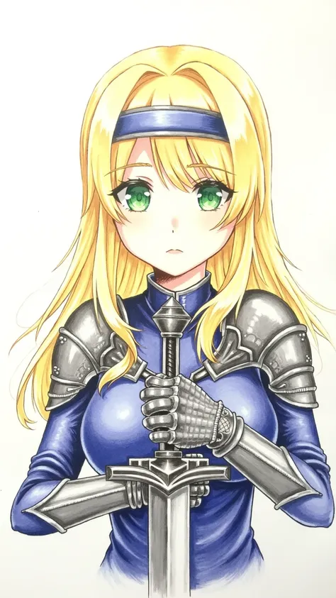 (masterpiece:1.2), (absurdres), ( detailed face ),( Detailed Eyes ), ( Best Quality) (traditional media:1.2)  , ( white background ),  upper body, (Expressionless),   Altoria_Pendragon _(destiny), sword, armor, blond,  Gloves, green eyes, headband, armored...