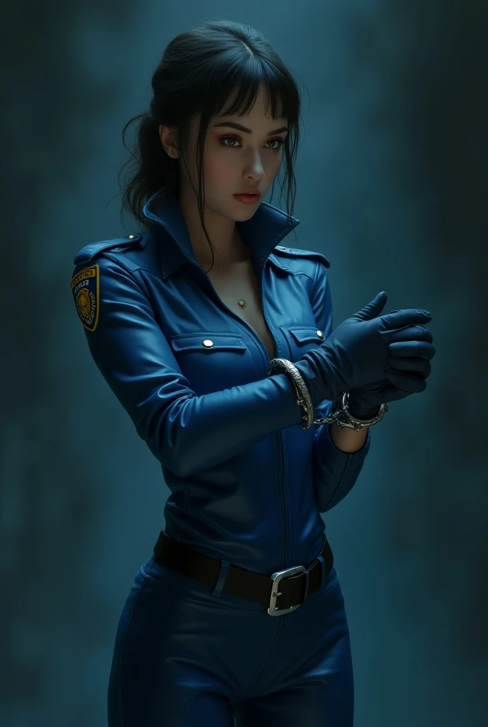  girl, handcuffed, blue latex police