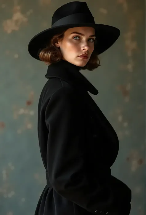 a model wears a black coat and a black hat, in the style of 32k uhd, Helmut Newton Style, Herb Ritts, rococo elegance, vintage-inspired designs, bold curves, ferrania p30, limited color range, English school, 1930s, England