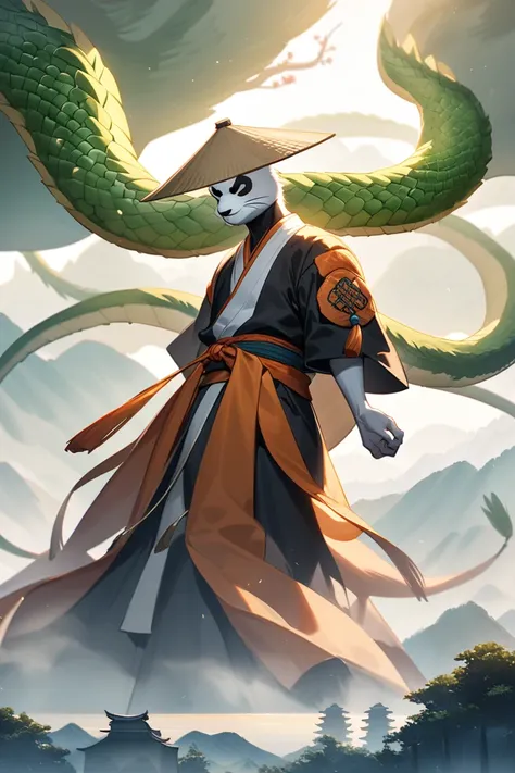 a detailed image of a Shaolin panda character wearing a traditional Chinese straw hat. The panda should be dressed in classic Shaolin monk robes and standing in a strong yet meditative pose, embodying both wisdom and strength. Above him, a magnificent Chin...