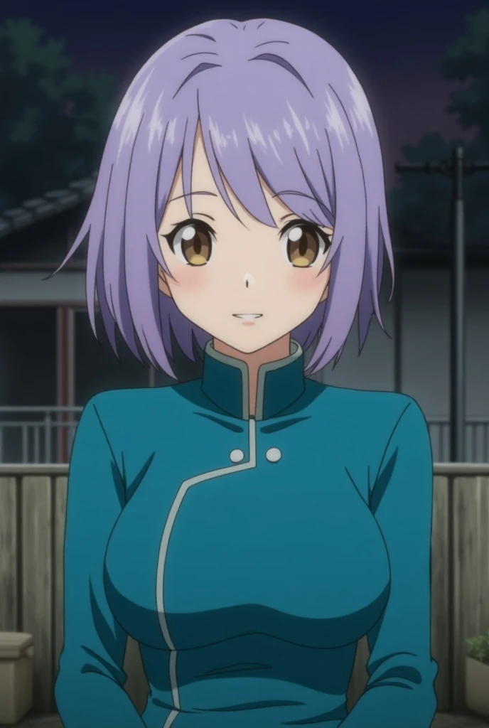 1girl, female Yuji Itadori, anime screencap from jujutsu kaisen, Yuji Itadori female version, solo, Short_hair, ((smooth texture hair)) ((Brown eyes)), ((Short Hime Cut Medium Light Purple_hair)) night view, breasts, upper_body, smile, bangs, lips (( Short...