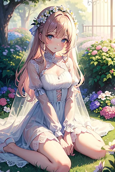 (masterpiece), best quality, expressive eyes, perfect face, sitting, wariza, flower crown, (sheer dress:0.8),(white dress embroidery lace), long sheer sleeve,pastel pink ribbon on waist, flower garden ,soft sunlight, nostalgic atmosphere,