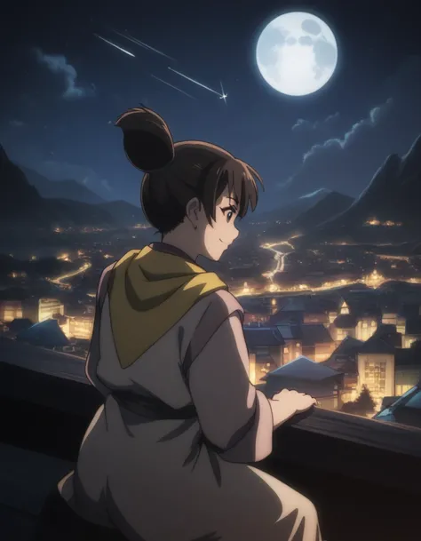 score_9, score_8_up, score_7_up, gsfghtr, multicolored robe, neckerchief, 1girl, bright, best lighting, smile, on top of mountain, city lights at night, moon, shooting stars