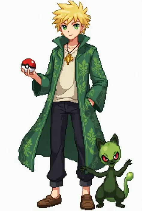 Make a full-body pixel art of a green-eyed blond boy
He is a 25-year-old young adult 
Shes wearing black pants with a long green coat with plants drawn on it and shes wearing a gold necklace with a flower-shaped pendant
Hes holding a Pokébola
He has a scep...