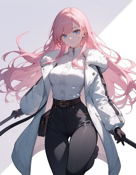 (Close up), standing, score_9, score_8_up, score_7_up, score_6_up, score_5_up, score_4_up, ((bang)), face, look at viewer, 1girl, pink hair, (long hair), blue eyes, hands, fingers, big hips, ((white short winter jacket)), bag, medium breast, (pose), (black...