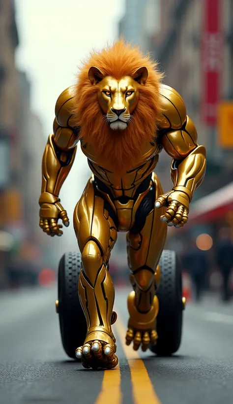 A powerful humanoid hybrid fusion of a lion and a Lamborghini Aventador races down a bustling city street, embodying raw power and luxury. This beast-machine hybrid has a sleek, golden fur and metallic body, with a flowing, flame-like mane. Its muscular ar...