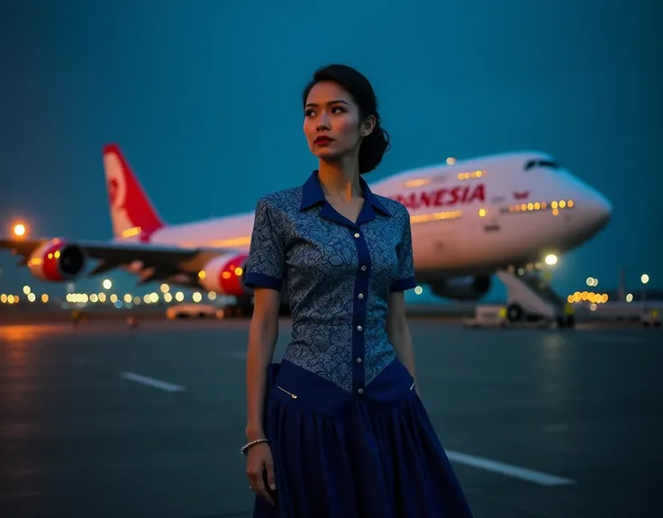 beautiful woman wearing stewardress of maskapai garuda indonesia airways,wearing batik blue and long skirt  standing in airport runawat at nigjtwith background Boeing 747 maskapai GARUDA INDONESIA AIRWAYS ,turn lught on 