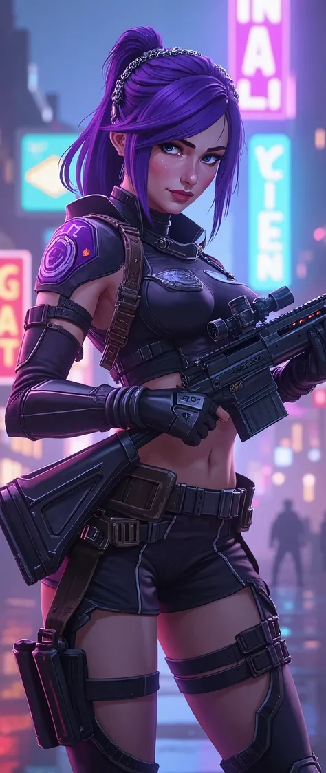 (masterpiece:1.2,Outstanding quality,Mirror finish, Cinematic Experience , best illustration ,Super detailed),16k,wallpaper,(1 female),( game character design:2.0),(League of Legends:2.0),(Caitlin style :2.0),( purple hair :2.0),( new character:2.0),(NEW S...