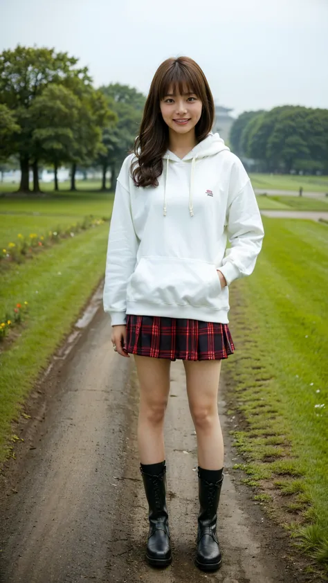 (8k、 raw photos up close、best quality、masterpiece:1.2)、(realistic、realistic)、1 person、(( hoodie、 black tight plaid mini skirt、 b...