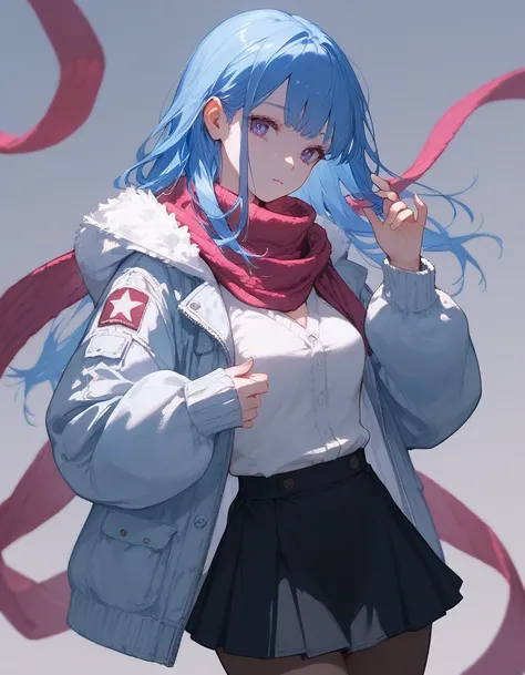 (Close up), score_9, score_8_up, score_7_up, (bang), 1girl, blue hair, long hair, violet eyes, ((pose)), winter jacket, (hips), hands, fingers, Anatomically correct, medium breast, (black skirt), pantyhose, scarf,
