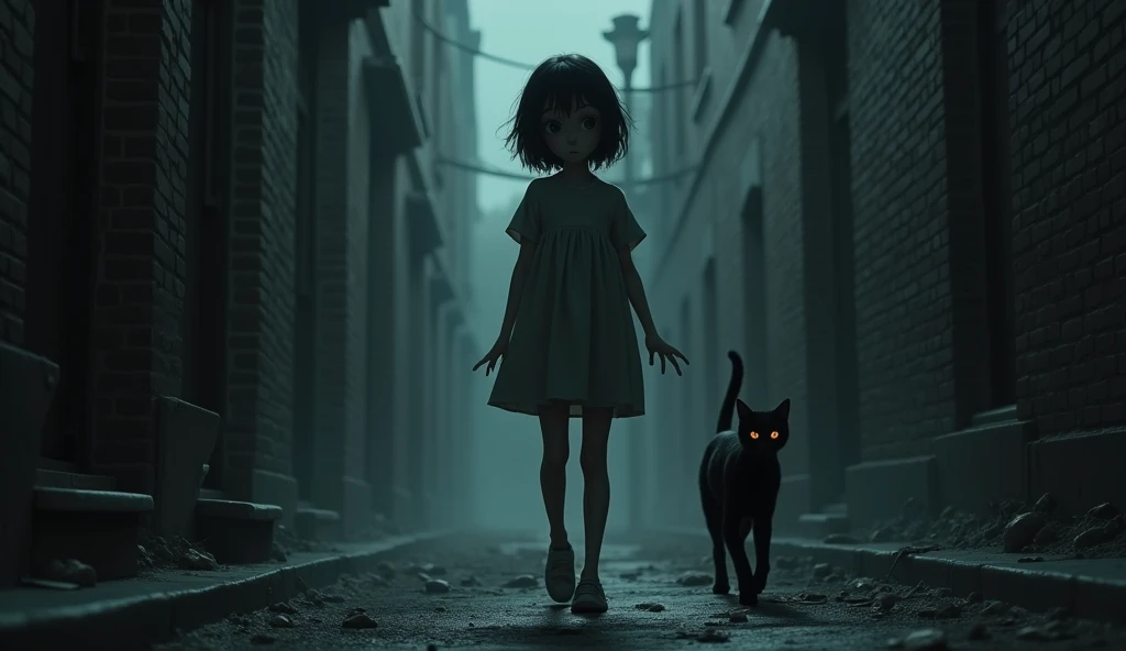 A young girl, Sima, walking nervously in a dark alley, glancing back at a black cat