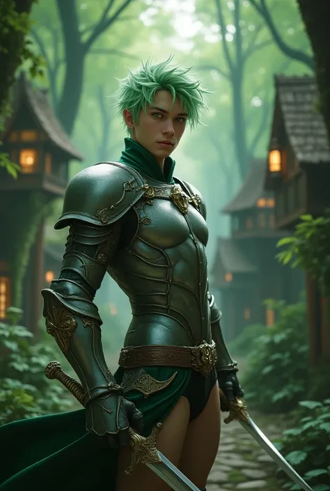 Create Castlevania style a young man with very sharp light green hair with light green eyes wearing light platinum armor with ornaments wearing a platinum dagger with ornaments wearing black briefs with an immense volume in a forest with houses full of gob...