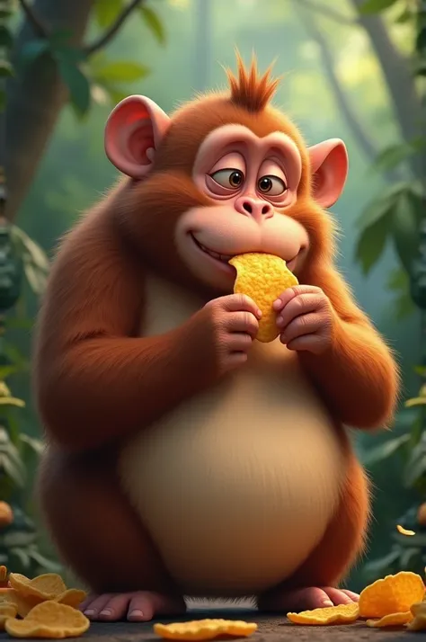 A fat monkey holding a chip
