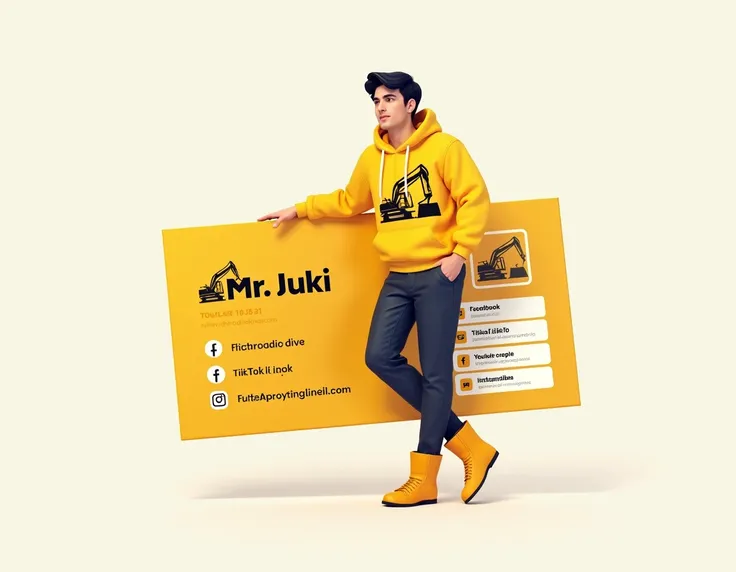 "A young man sits casually on a large business card that has contact details and a logo. This man is wearing a yellow hoodie with an image of Excavators and yellow casual boots. The background of the image is plain, giving the main focus to the man and the...