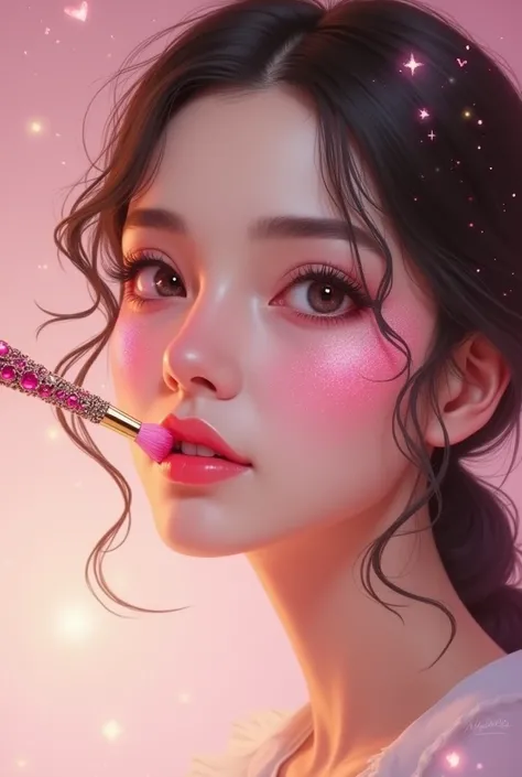 make-up brush in the shape of a magic wand that draws on a womans face in pink tones without cropping a person without a background