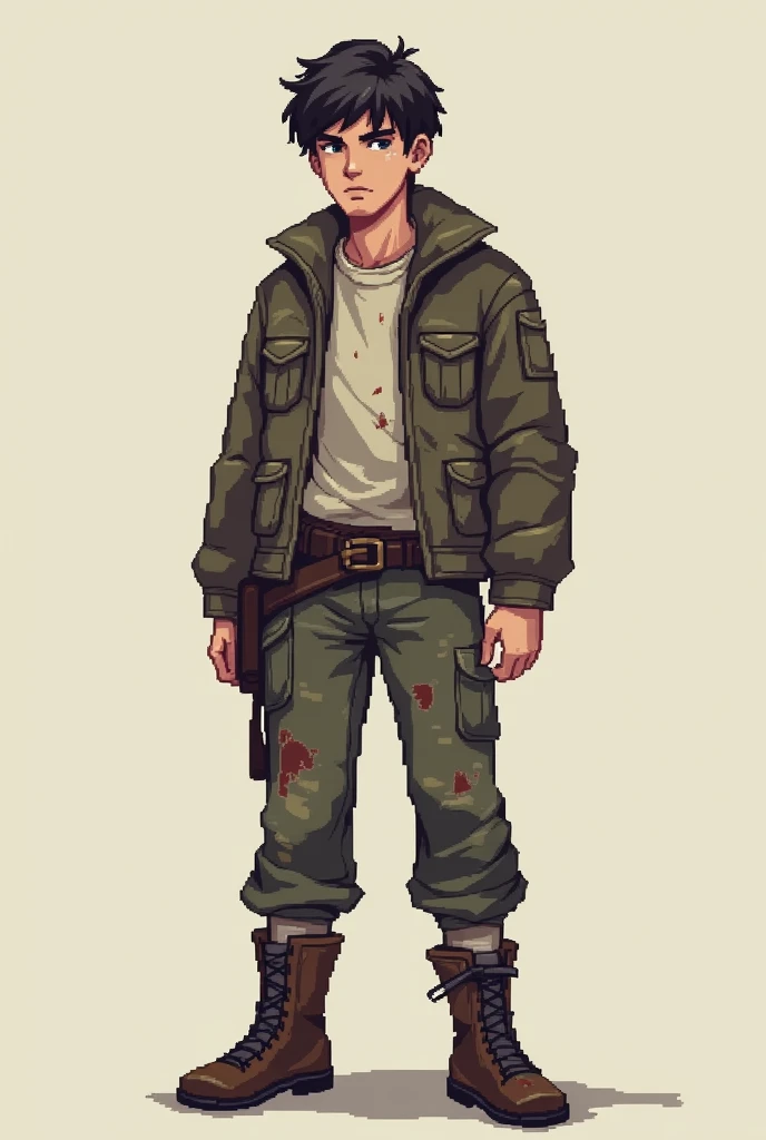 Make a young man wearing old clothes in pixel art format  