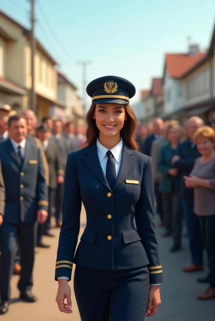 20 year old girl returning to her hometown in her pilot uniform, greeted by her parents and the community that supported her. Realistic.