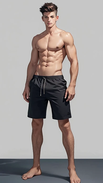 a 30 year old masculine man full body, in a casual pose. slim physique. wearing swimming trunks, no shirt, barefoot detailed. Hairstyle should be simple and natural, try to keep the body proportions realistic and avoid distortions. The face should be in a ...